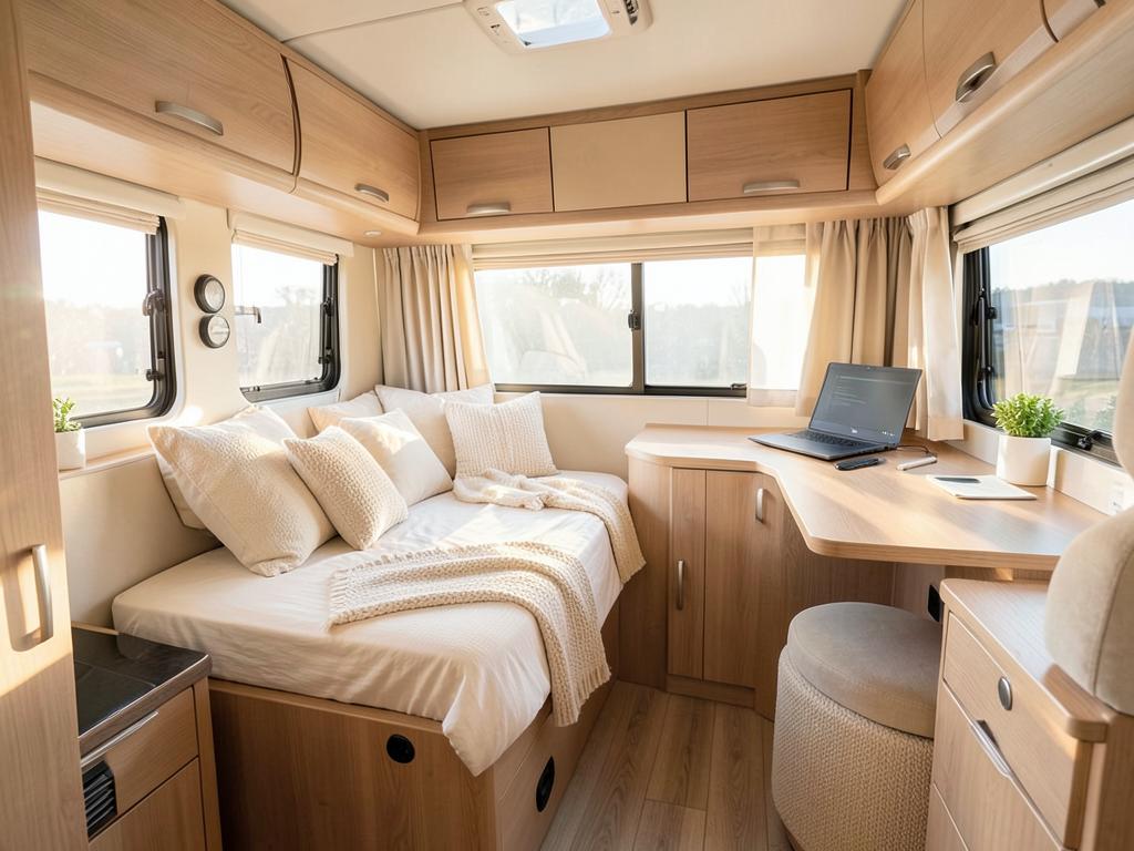 Bright Sprinter van interior with a bed, kitchenette, and laptop desk in soft morning light