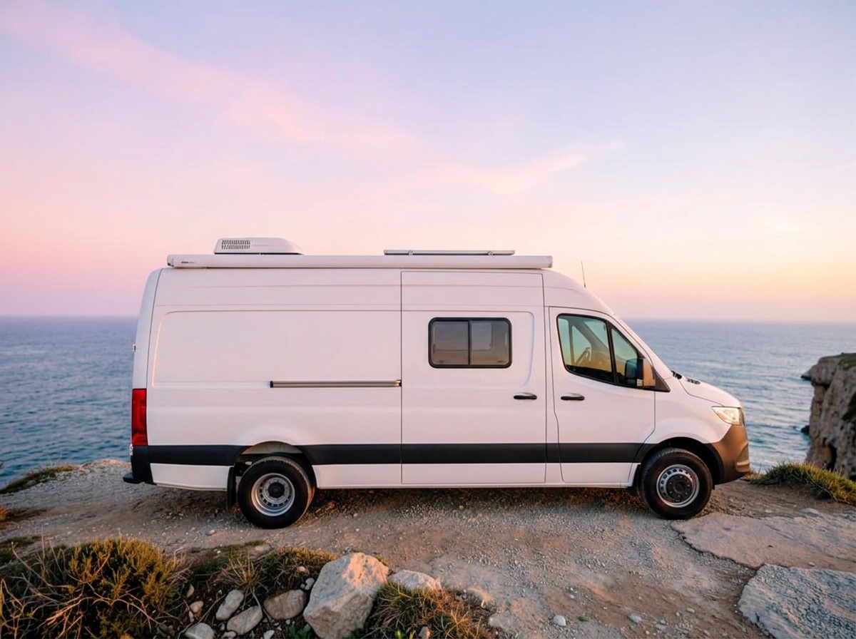 White Mercedes-Benz Sprinter 3500XD high-roof van parked on a coastal cliff overlook at golden hour