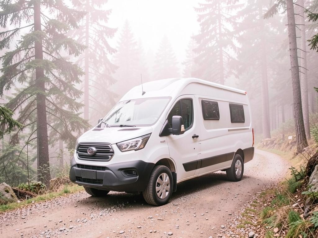 Compact ProMaster camper van on a misty mountain forest trail among pine trees