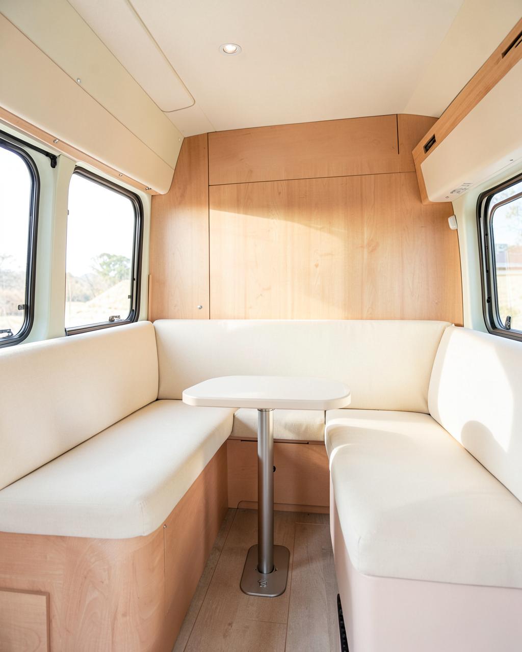 Modern Sprinter van interior with warm wood paneling, cream seating, and soft daylight