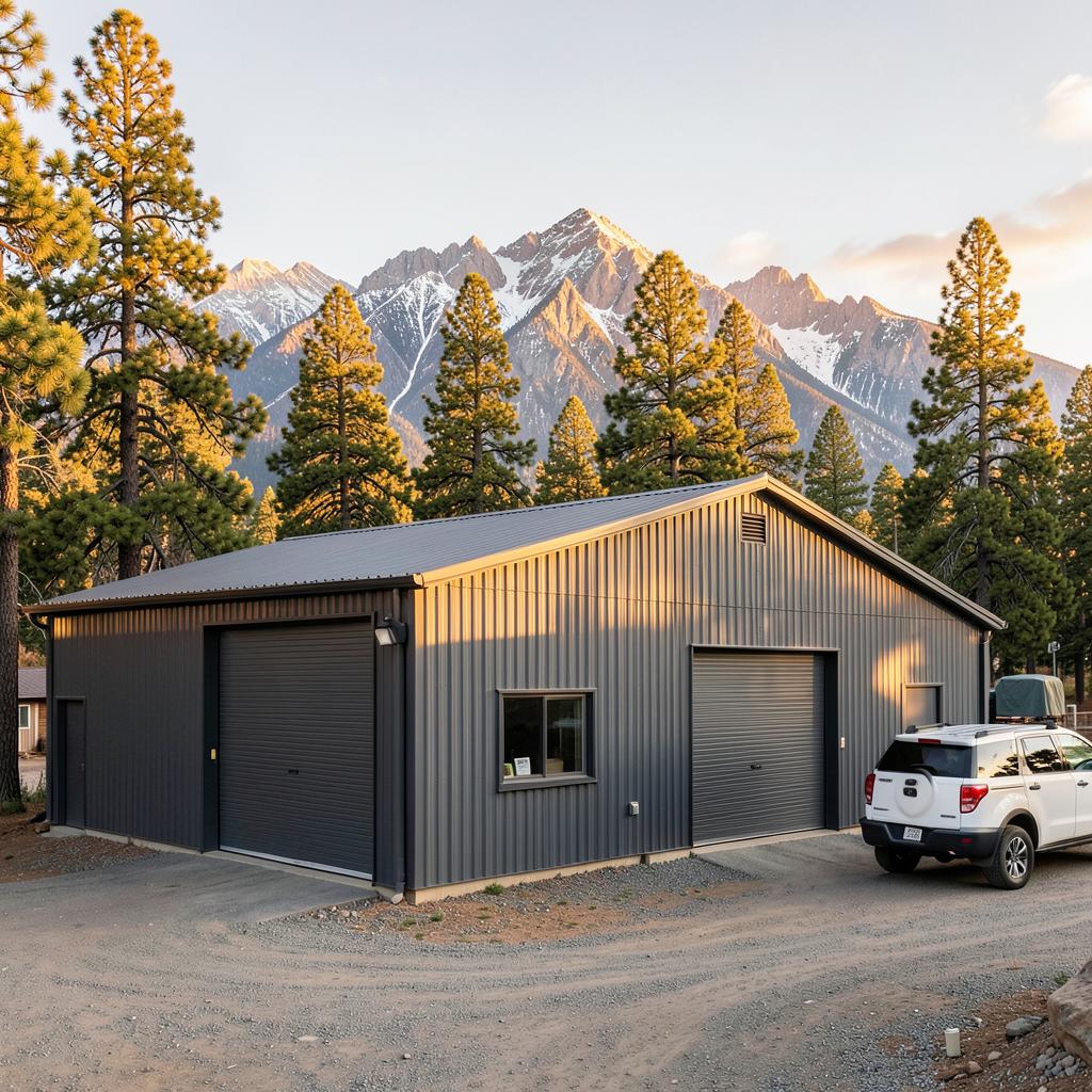 Corrugated steel metal shop building among ponderosa pines in Flagstaff, Arizona
